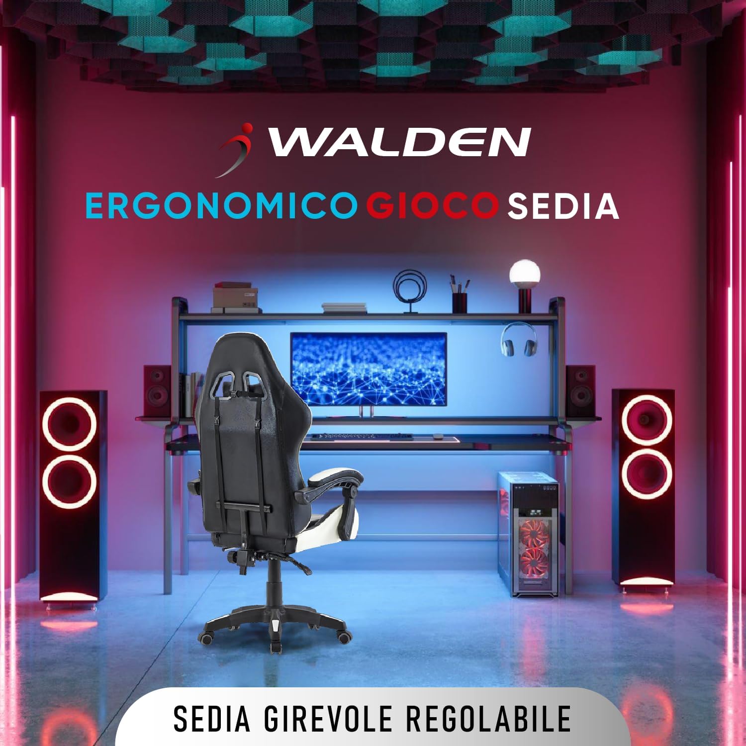 Walden Sedia da gaming, ergonomica, da ufficio, da gaming, schienale regolabile, sedia girevole da corsa, ufficio, computer, ergonomica, videogioco (bianco)