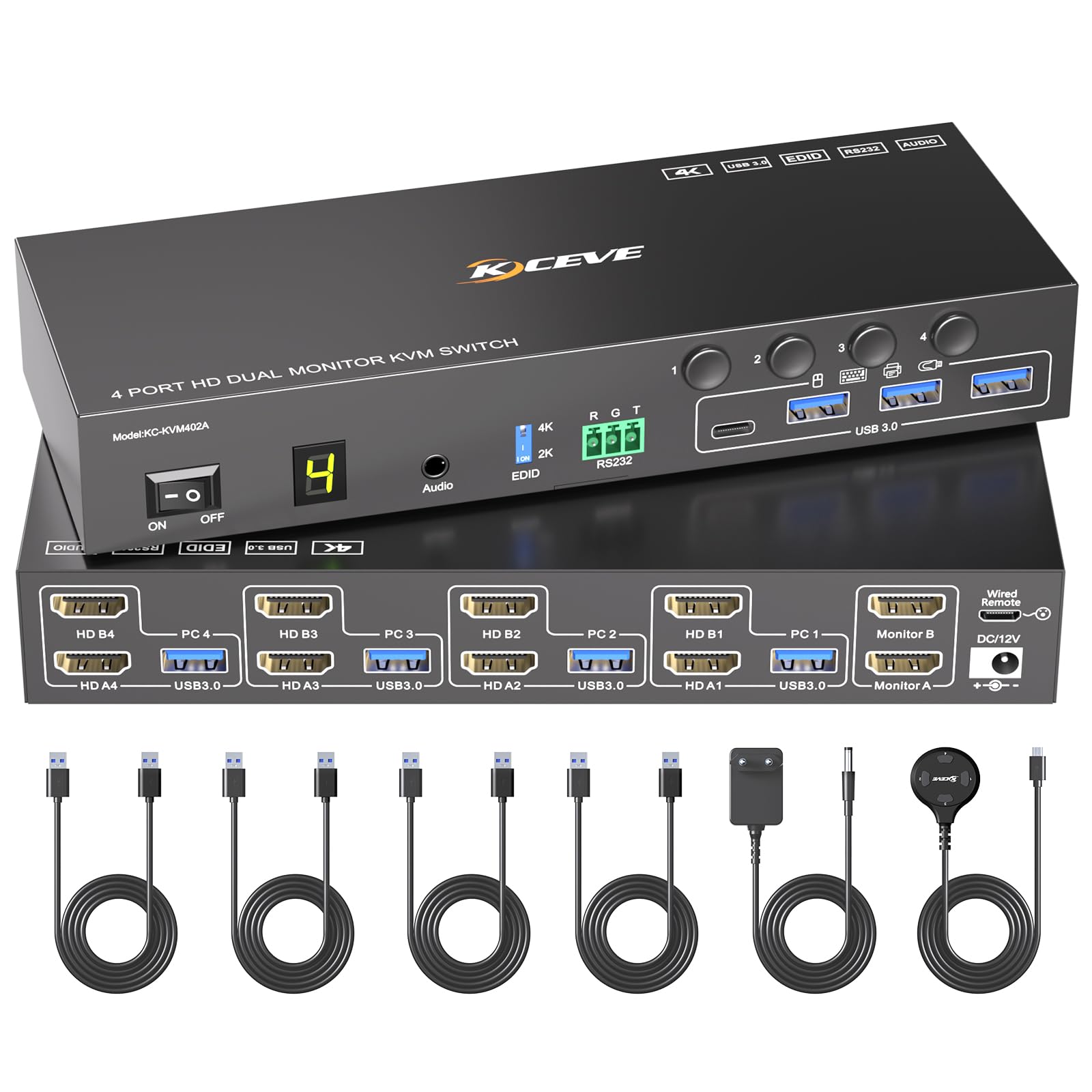 4 Port HDMI KVM Switch 4 PC 2 Monitor 4K@60Hz Simulazione EDID, Switch KVM Dual monitor con 4 Porte USB 3.0 per Periferiche USB, Audio, RS232, con Telecomando Cablato, Alimentatore 12V e 4 Cavi USB