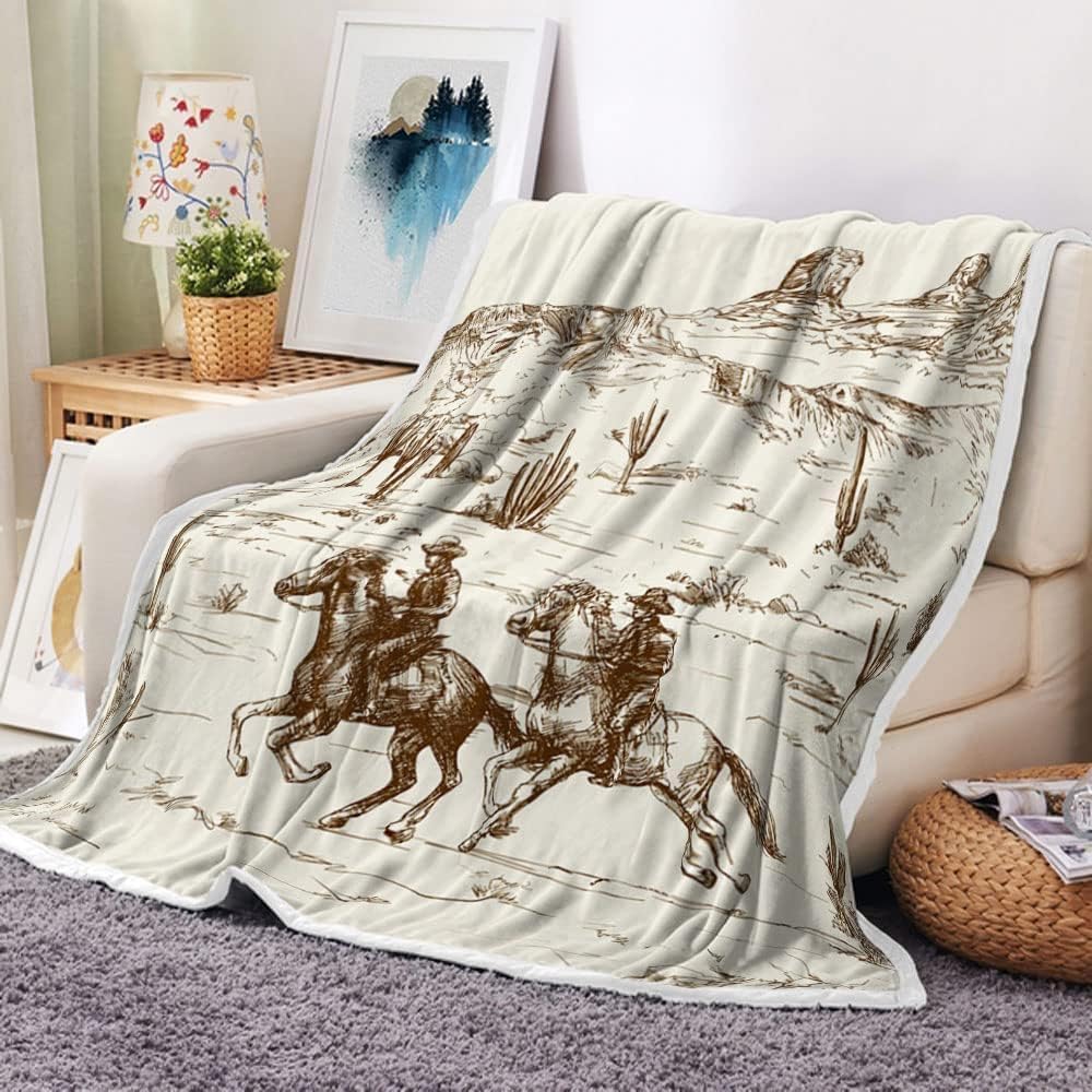 JAWO Vintage Western Cowboy Throw Blanket, Rustic American Wild West Warm Cozy Bed Couch Blanket, Southwestern Print Fleece Flannel Throws and Blankets Livingroom Bedroom Decor, 60X80