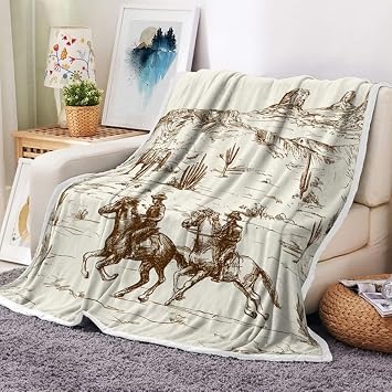 JAWO Vintage Western Cowboy Throw Blanket, Rustic American Wild West Warm Cozy Bed Couch Blanket, Southwestern Print Fleece Flannel Throws and Blankets Livingroom Bedroom Decor