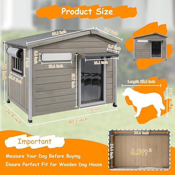 Large Outdoor Dog House Waterproof for Small to Large Sized Dogs with Openable Asphalt Roof, Anti-Chewing Iron Frame, Window, Weatherproof Indoor Outside Kennel Puppy Shelter (40 L*26.4 W*33.5 H)