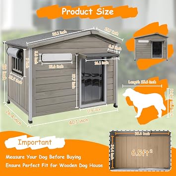 Large Outdoor Dog House Waterproof for Small to Large Sized Dogs with Openable Asphalt Roof, Anti-Chewing Iron Frame, Window, Weatherproof Indoor Outside Kennel Puppy Shelter (40 L*26.4 W*33.5 H)