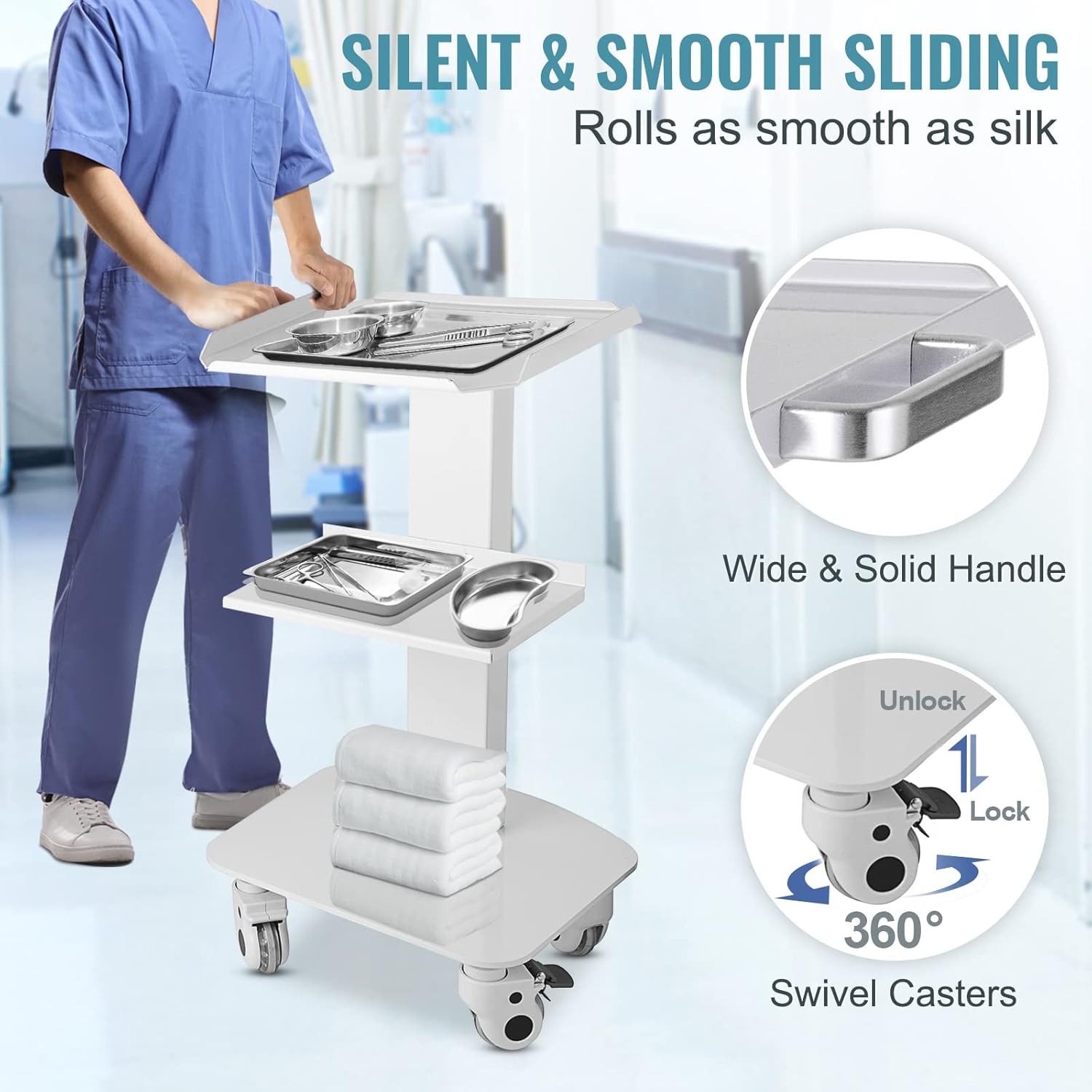 Close-up of the VEVOR ul001 Lab Cart's swivel caster with a visible lock/unlock lever.