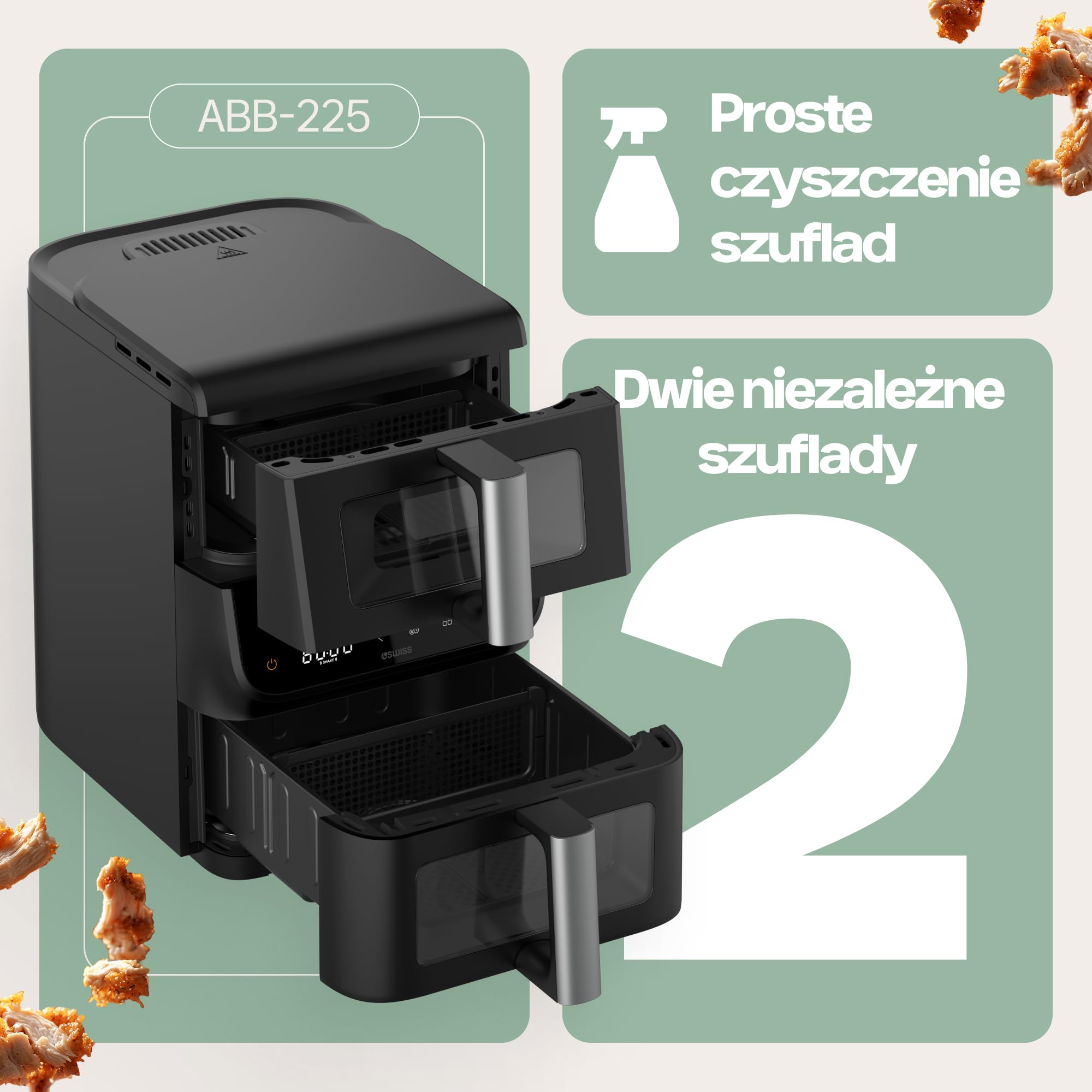 4Swiss Frytkownica Beztłuszczowa Air Fryer Dwukomorowa na Gorące Powietrze Airfryer Pionowy XXL Duża Pojemność do Pieczenia Mięsa Frytek Warzyw Ryb Oszczędzający Miejsce Łatwe Czyszczenie - ABB-225