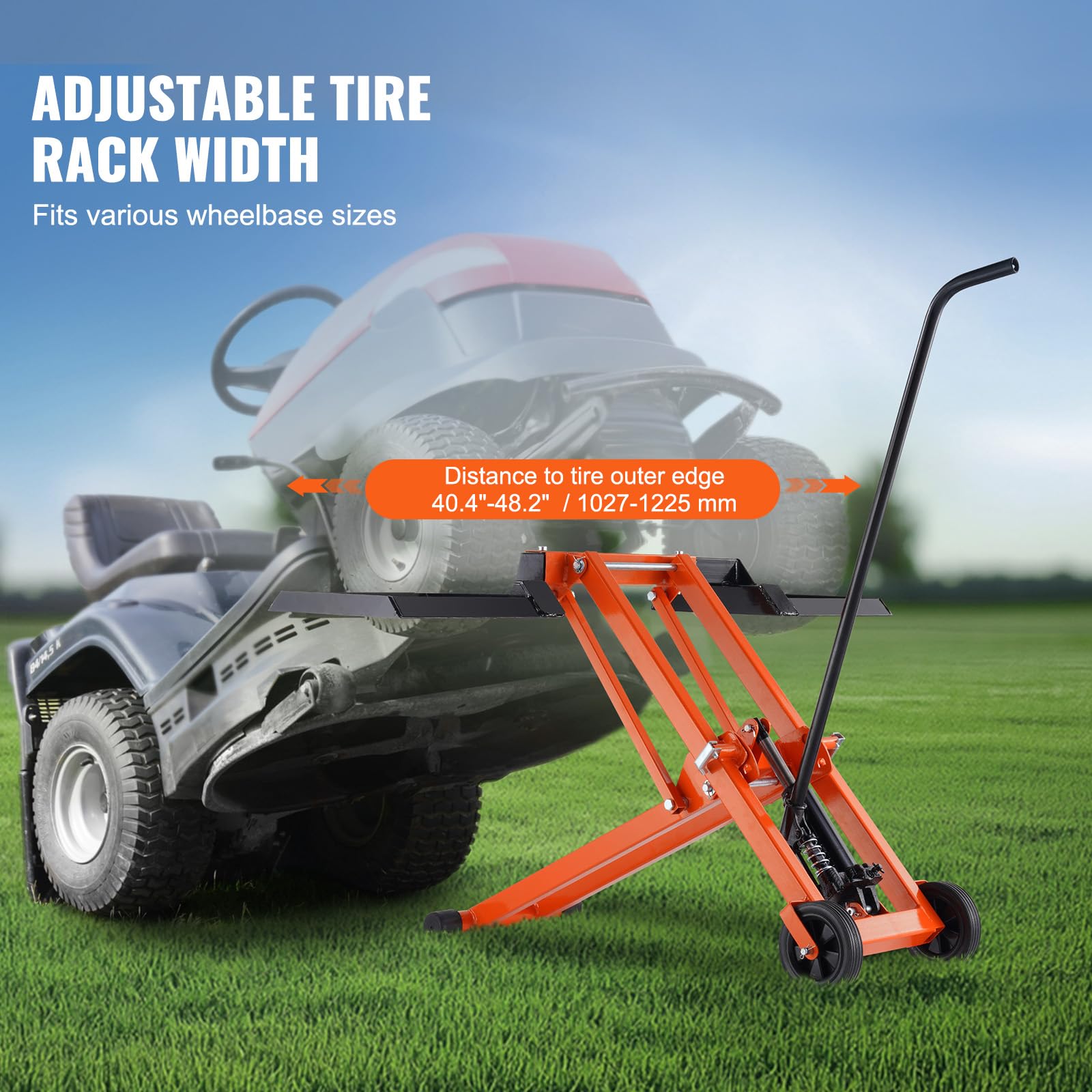 VEVOR Elevador de Cortacésped Móvil Ajustable con Gato Hidráulico, Capacidad de Peso de 225 kg, Acero al Carbono Sólido, para Tractores y Cortadoras de Césped de Giro Cero, Naranja, 1,0 x 1,0 x 0,1 m