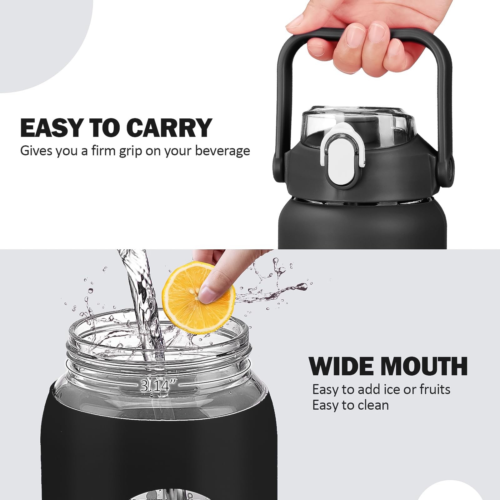 kytffu 64oz Glass Water Bottles with Straw, Half Gallon Motivational Glass Bottle with Silicone Sleeve and Time Marker, 2L Leakproof Large Glass Water Jug for Gym Home Office,Black