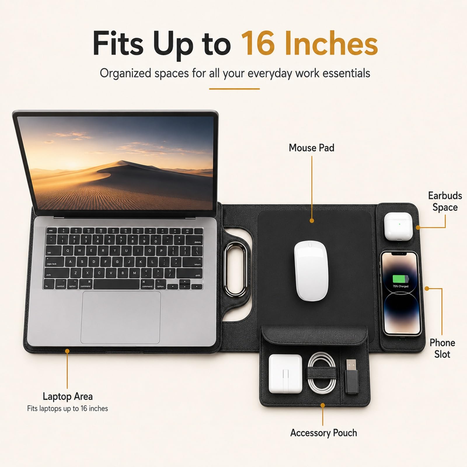Custodia for Workstation Mobile All-in e Borsa for Laptop Pieghevole | Tappetino for Mouse con Ricarica Wireless Rapida 15W e Organizer Ergonomico da Viaggio for Professionisti(Nero,Dual)