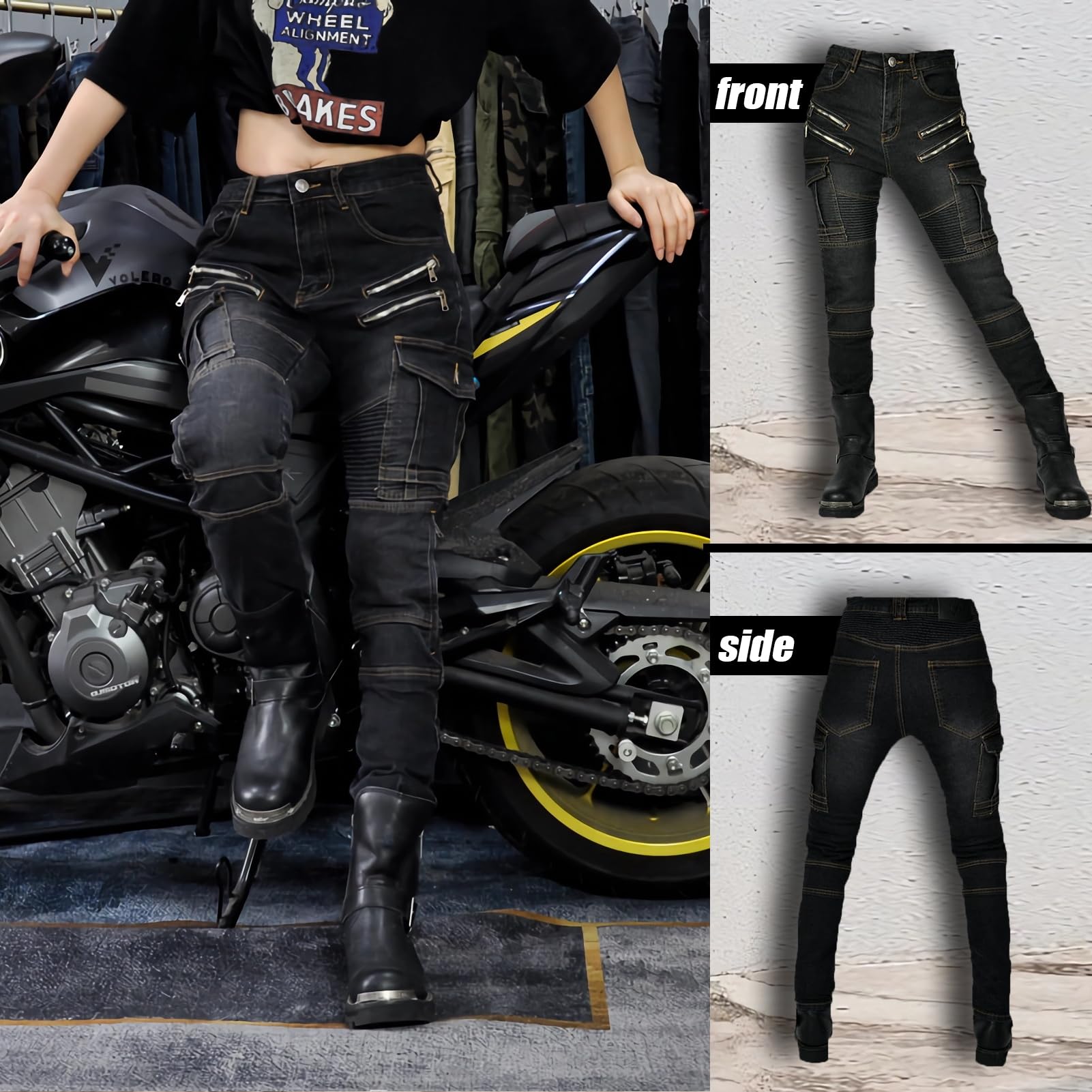 Jean de moto pour femme - Coupe ajustée - Avec protections des genoux et des hanches - Stretch - Coupe ajustée - Pantalon de moto cargo