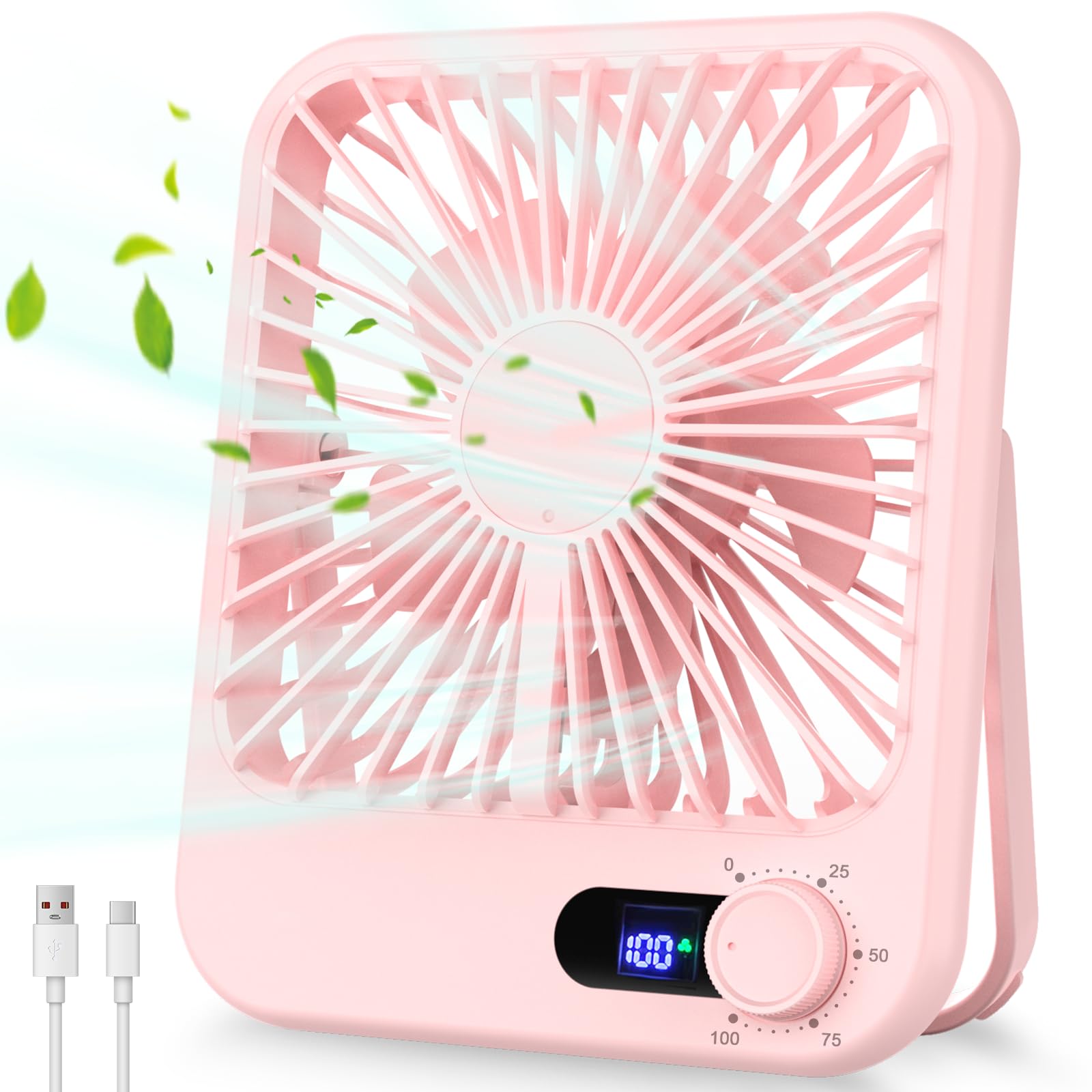 Portable Fan Rechargeable, Small Desk Fan Quiet, 180°Tilt Adjustable Personal Fan for Sleeping, Battery Operated, 100 Speeds, Table Fan for Bedroom Office Home Outdoor, Pink