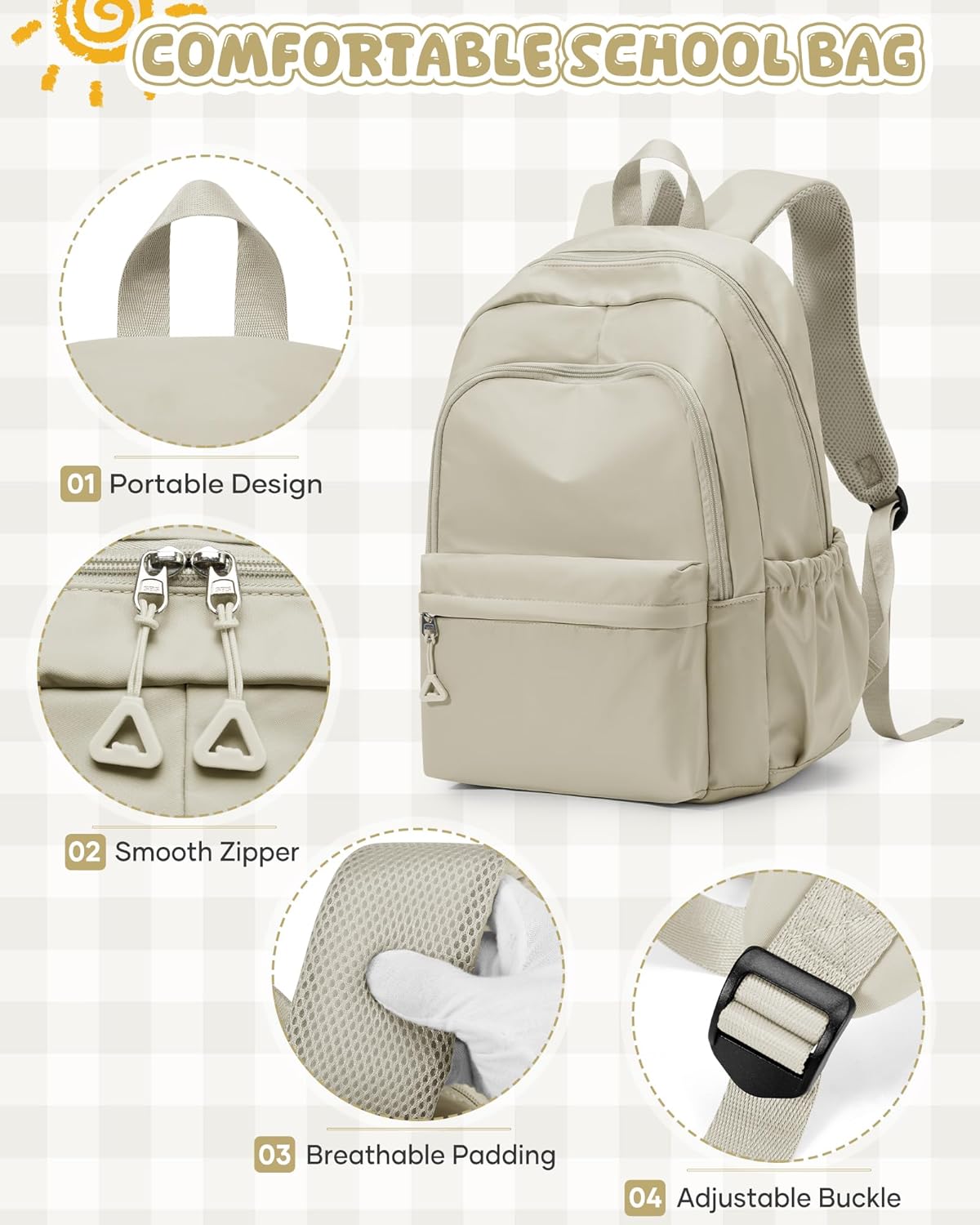 winspansy Backpack for School Teenage Girls Boys,Waterproof Lightweight School Bags Travel Daypack Simple Cute College Backpack Rucksack for Women Men fit 14 Inch Laptop,Khaki - Image 3