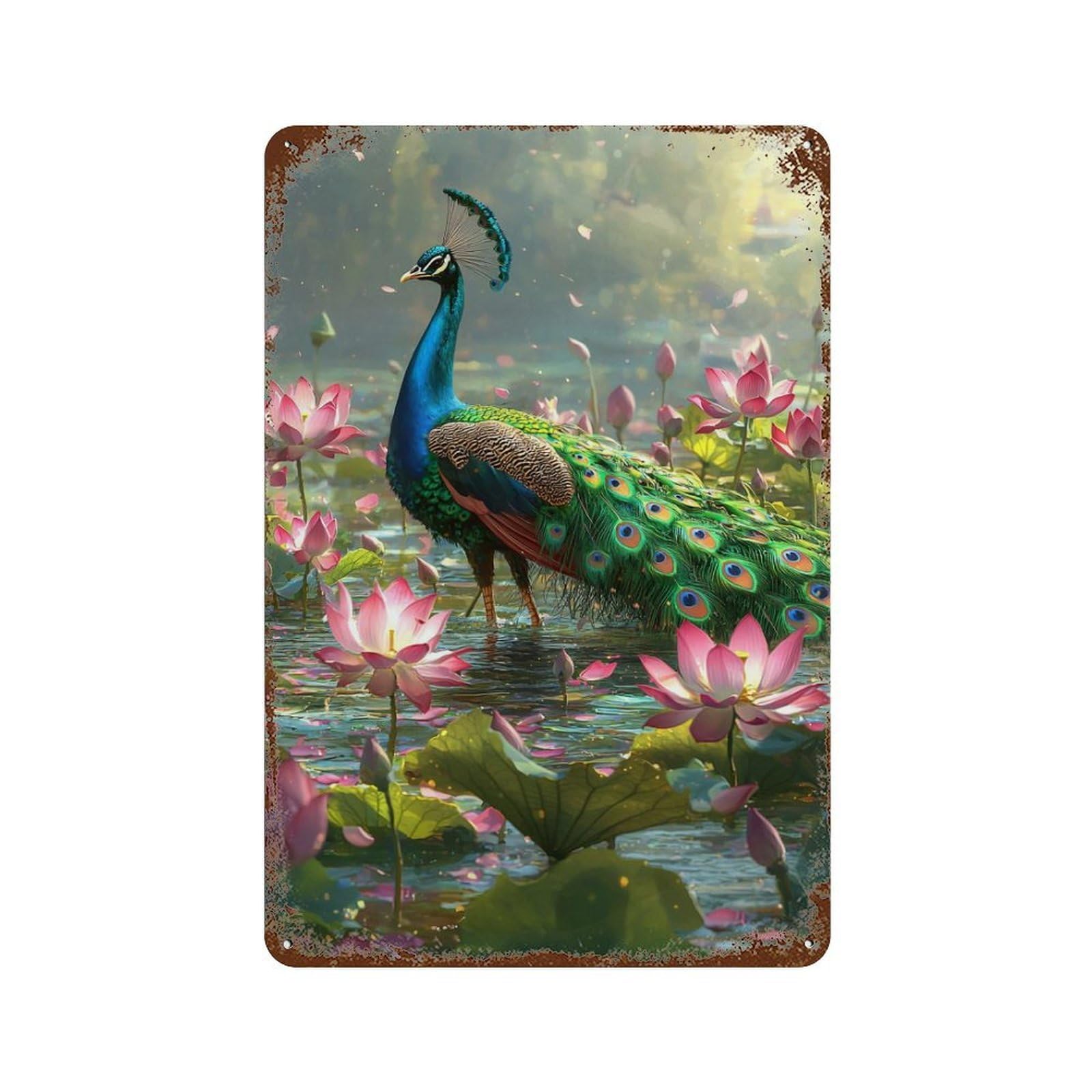 Decorative Tin Sign with Peacock with Lotus Flowers Design 11.8"x7.9", for Farmhouse, Kitchen And Entryway Decor, Old School Wall Decor