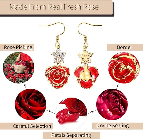 Miniatura 7 de Aretes de rosa sumergida de oro de 24 quilates para mujeres y niñas, aretes de rosa bañada en oro de moda, el mejor regalo para novia, esposa,