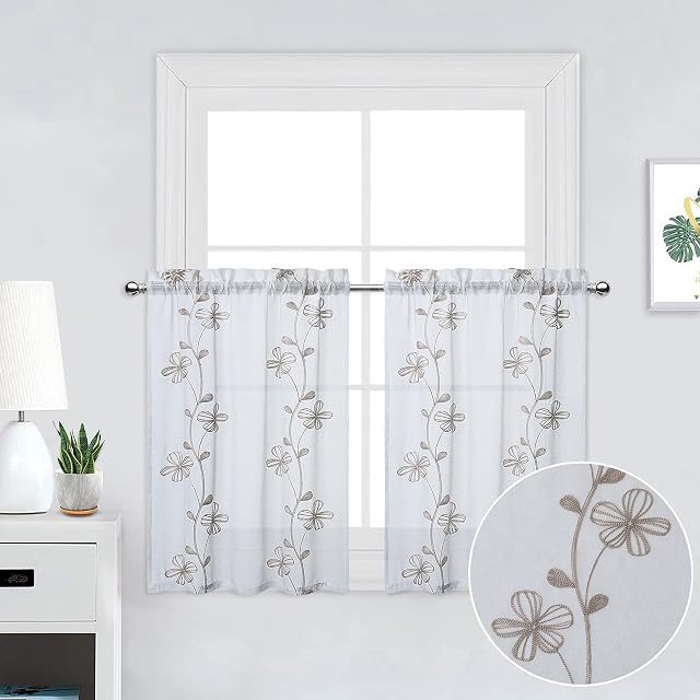 CAROMIO Embroidered Sheer Tier Curtains, Flower Pattern Small Short Window Curtain, Rod Pocket Floral Half Window Voile Kitchen Cafe Curtains, 26" x 24", Brown, Set of 2