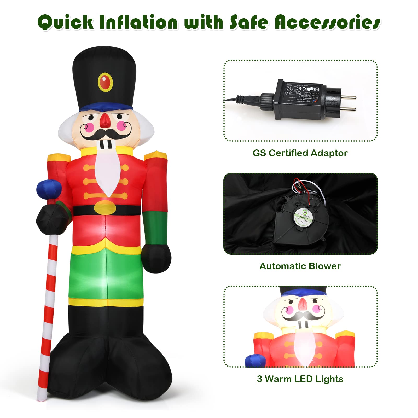 LIFEZEAL Soldat Casse-Noisette Gonflable de Noël 240 CM, Modèle de Soldat du Père Noël, Tissu en Polyester Imperméable, Décoration Gonflable de Noël Lumineux, pour l’Intérieur et l’Extérieur