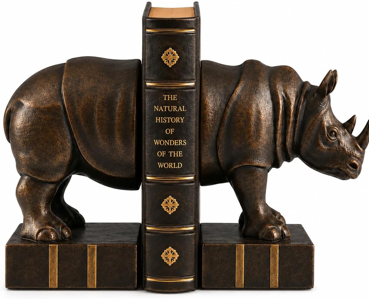 - Comfy Hour 13.8 Inch Rhino Book Ends, Bronze Rhino Decor, Set of 2 | Animal Bookends Decorative, Antique Vintage Figurine Style, Durable Resin, Rustic Home Office Accent
