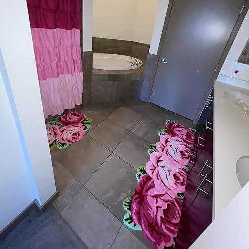 Miniatura 8 de UKELER Alfombra de lavandería de 65 x 23.6 pulgadas, diseño de rosas rosas, antideslizante, suave, para dormitorio de niñas