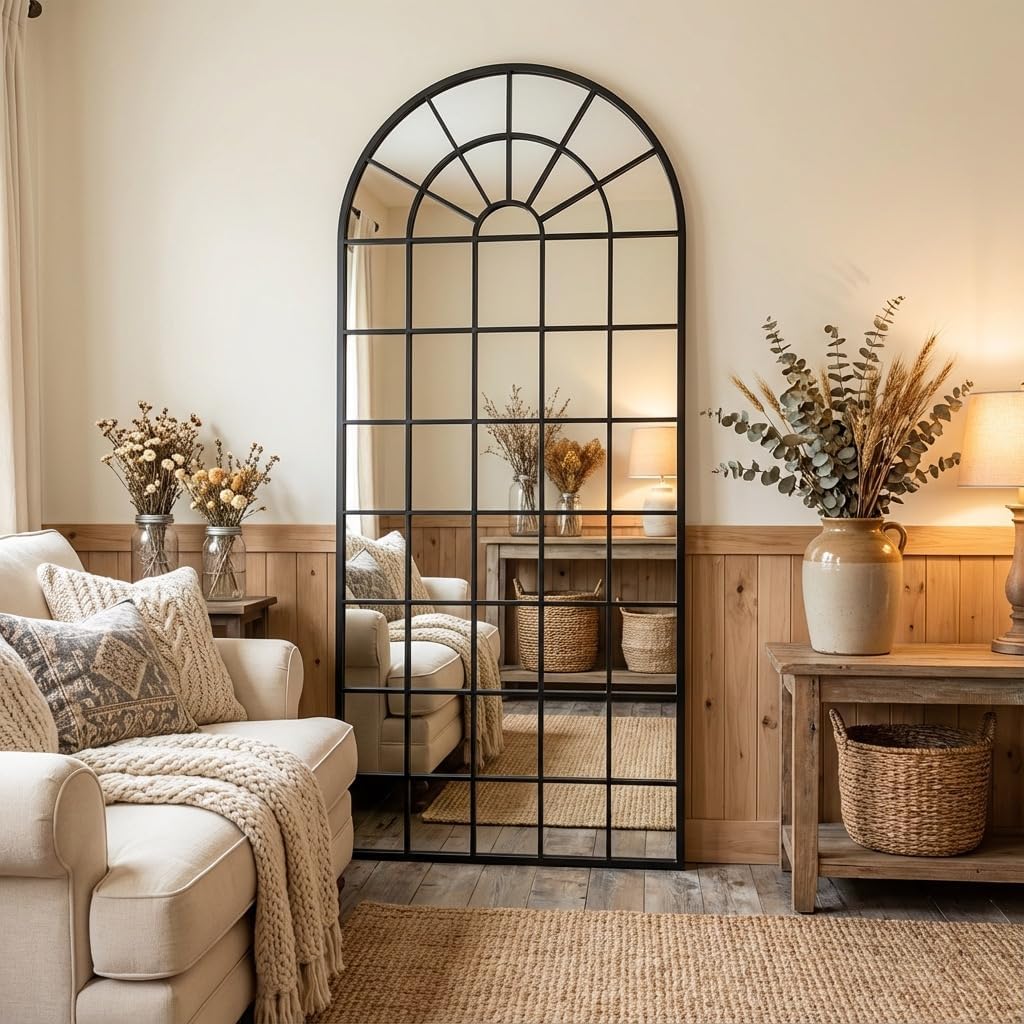 70x30Inch Large Arched Window Pane Mirror| Black Arched Mirrors for Wall & Floor | Arch Mirror Full Length for Entryway Living Room & Bedroom | Oversized Mirrors | Wall Art Decorative |Farmhouse Décor