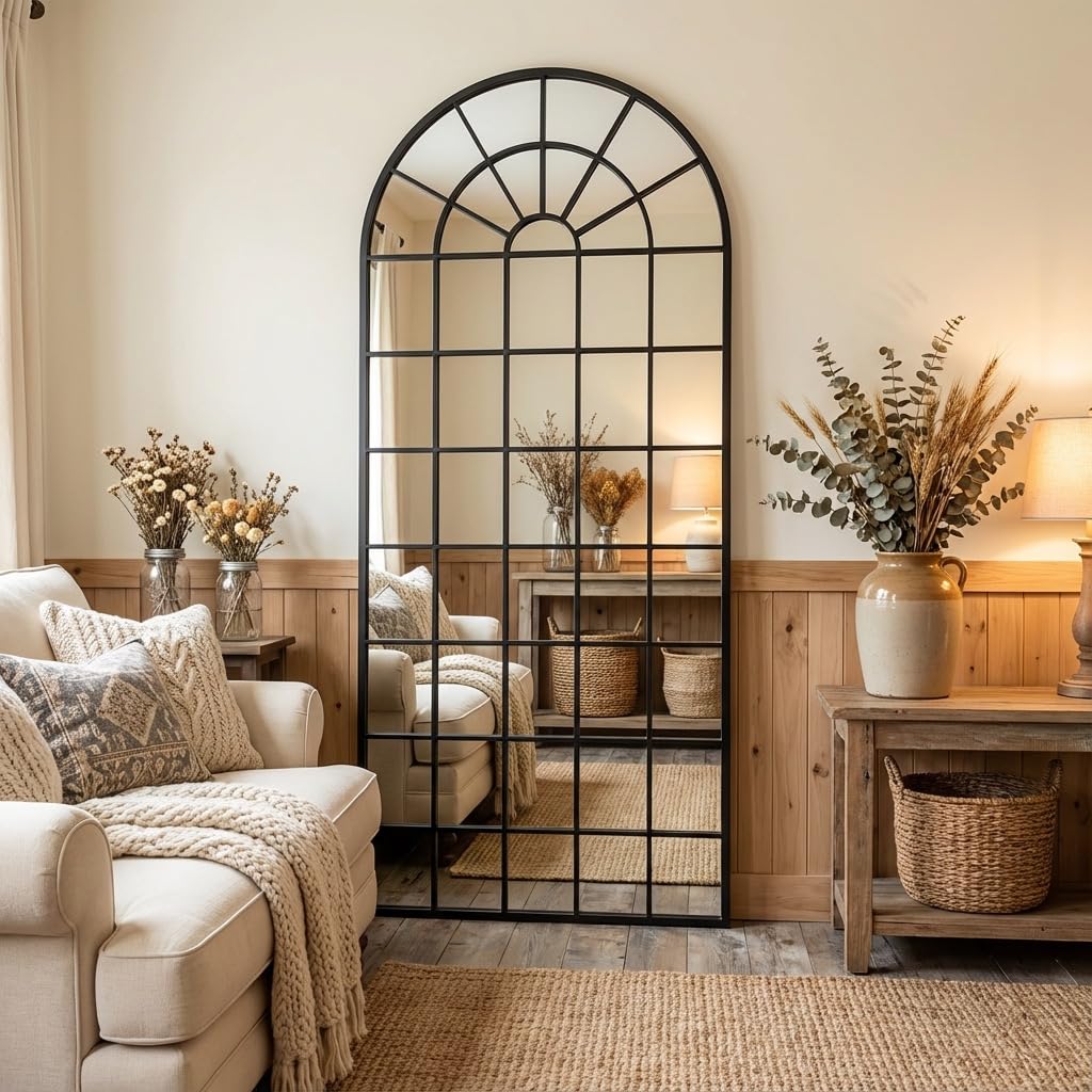 70x30Inch Large Arched Window Pane Mirror| Black Arched Mirrors for Wall & Floor | Arch Mirror Full Length for Entryway Living Room & Bedroom |