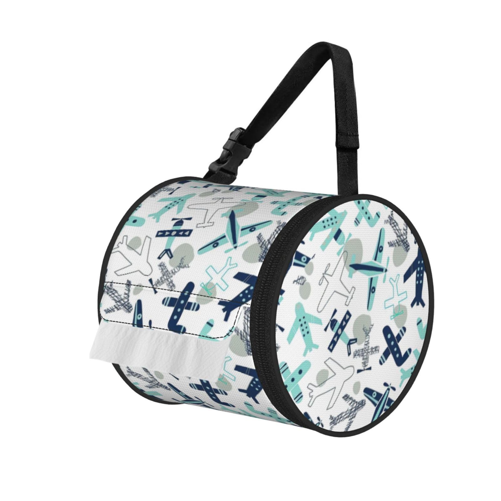 Jiuty Black Airplane Print Cylinder Tissue Organizer Bag With Strap, Portable Toilet Roll Holder For Camping Car