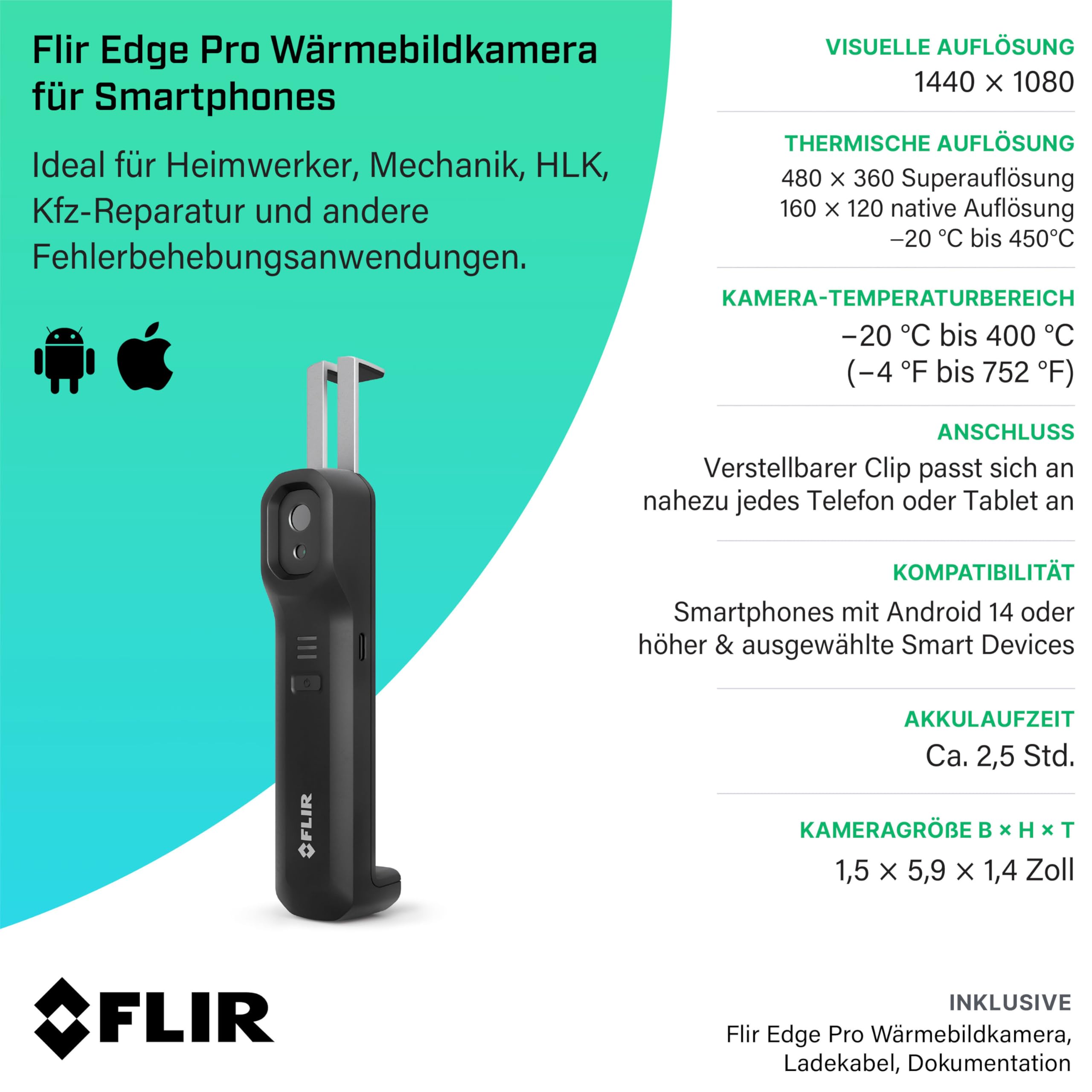 FLIR ONE EDGE PRO - Bluetooth-Wärmebildkamera für Smartphones. Hohe Auflösung (160 x 120), kabellose Verbindung und kompatibel mit allen iOS- und Android-Geräten