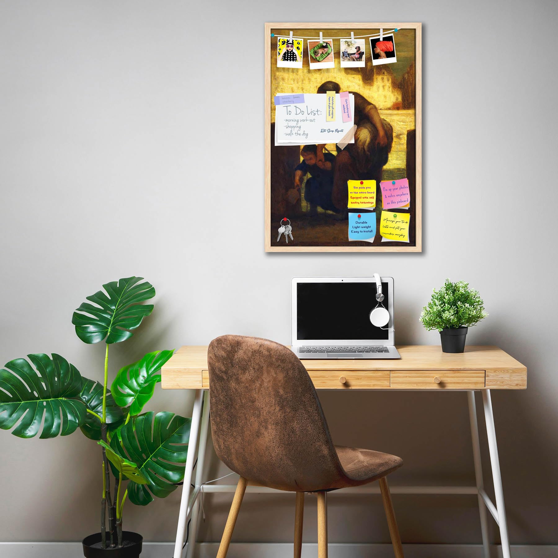 The Laundress, Honore Daumier, 1863 | Bulletin Board Notice Pin Board | Vision Soft Board Combo with Thumb Push Pins & Sticky Notes | Natural Brown Frame | 16 x 24 inch (41 x 61 cms)