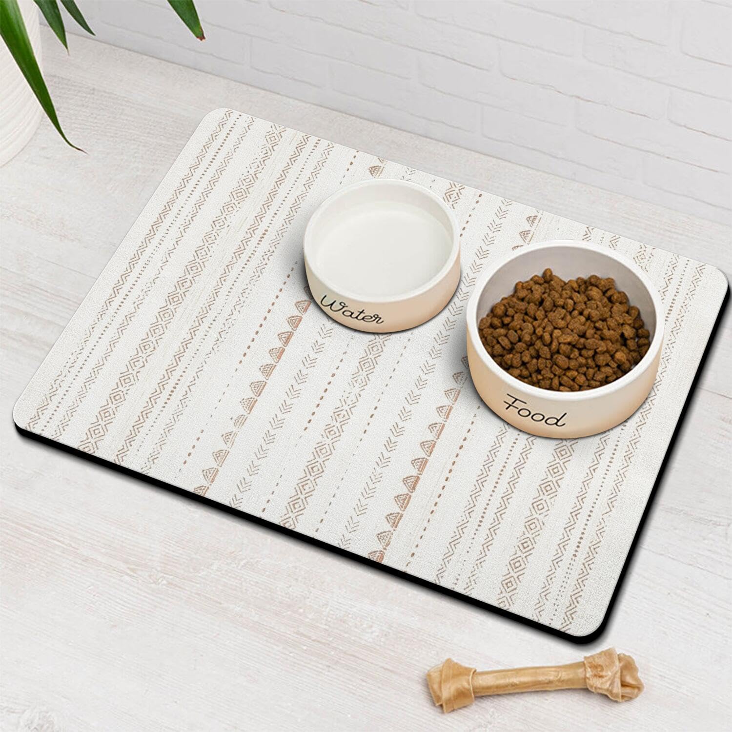 Moroccan Stain Dog Food & Water Mat, Boho Pet Feeding Mat for Floor Non-Slip Waterproof, Super Absorbent Cat Bowl Mat, Easy to Clean Durable Pet Placemat,16" × 24"
