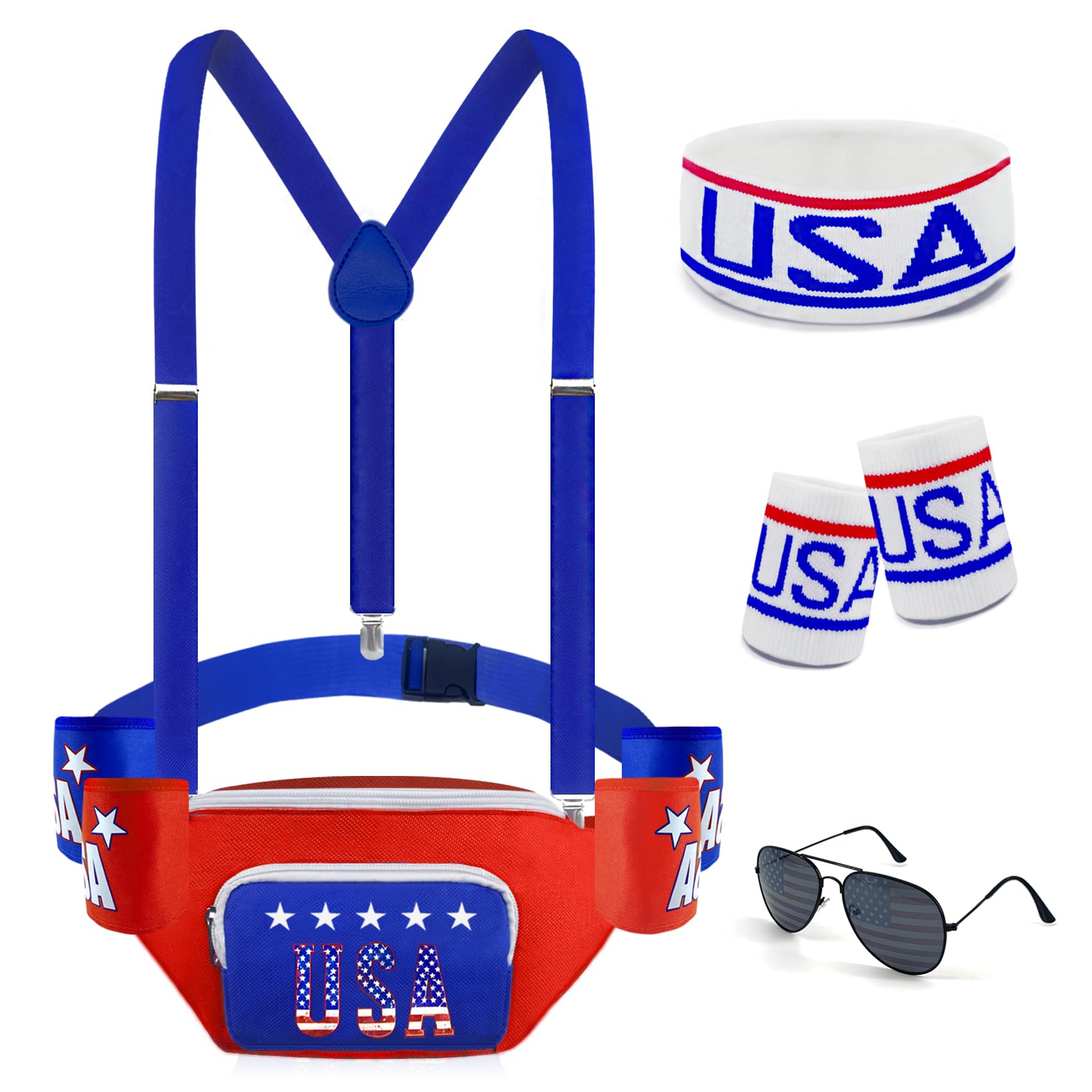 9 Pcs 4th of July Fanny Pack Beer Belt Sunglasses USA Headband Wristband 4th of July Accessories Independence Day