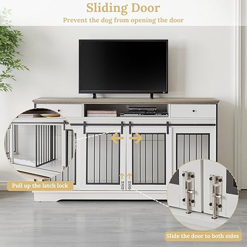 Miniatura 6 de Rovibek Muebles de jaula doble para perros de 66 pulgadas, jaula decorativa 2 en 1 para 2 perros con cajón y divisor extraíble, mesa auxiliar para