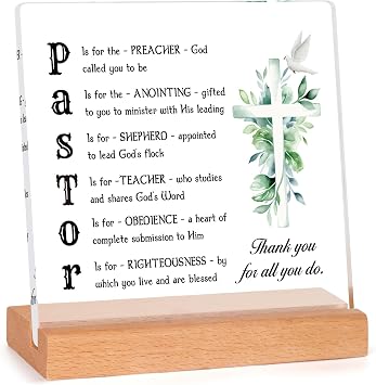 Afterprints Pastor Appreciation Gifts, Thank You Acrylic Plaque with Wooden Stand, Pastor Gifts for Men, Birthday Christian Gift for Preacher, Tabletop Sign Decoration