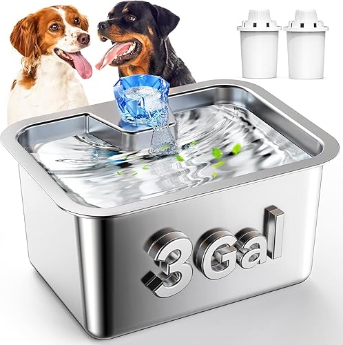 Dog Water Fountain for Large Dogs, tainless Steel 3Gallon Extra Big Pet Fountains, Dog Water Bowl Filter Automatic Dog Bowl Dispenser,Drinking Bowls for Multi Pets, Easy to Clean - D2341
