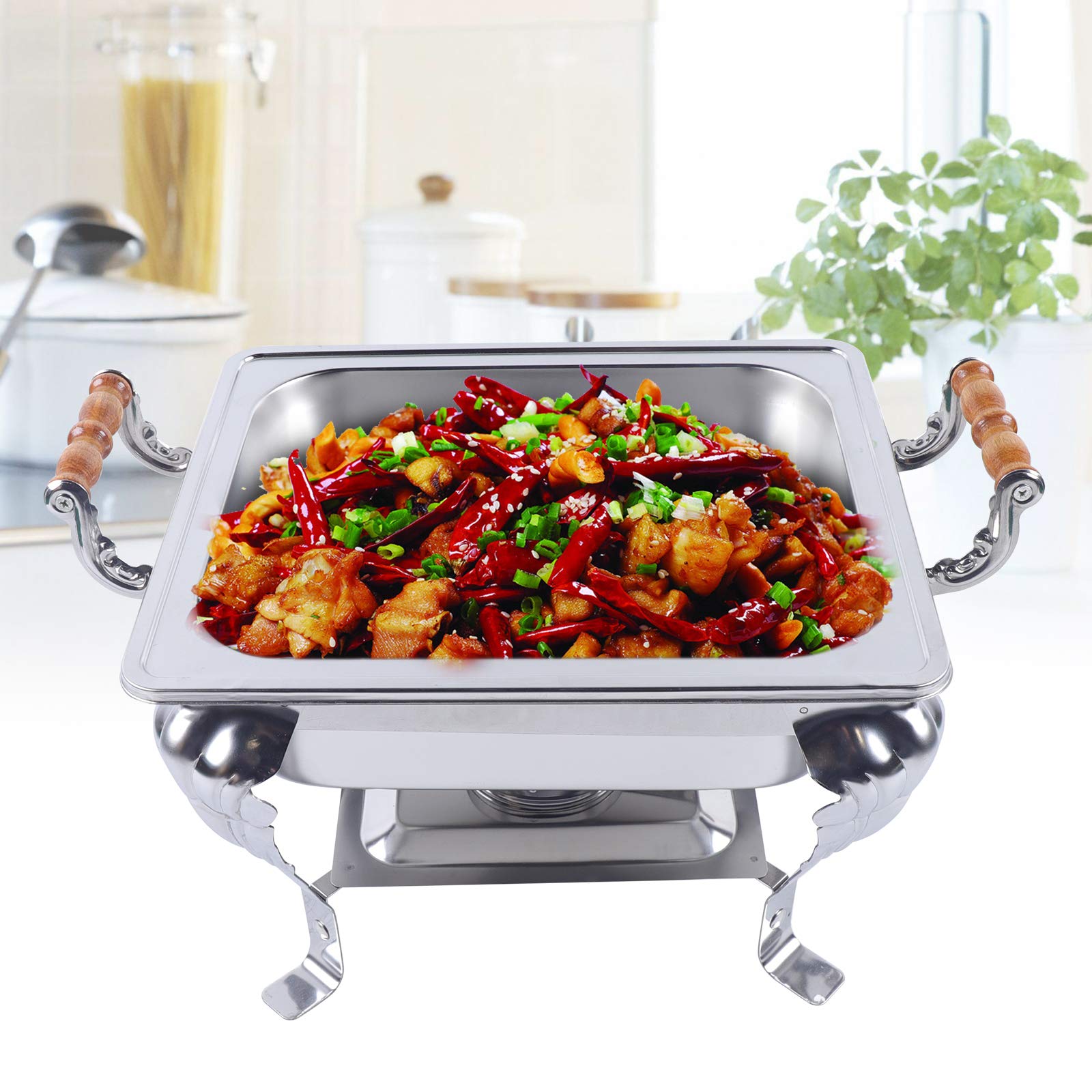 Chafing Dish, Set de buffet de acero inoxidable, calentador de alimentos, rectangular, recipiente de calor con tapa, asa y horno de alcohol para catering, buffet y fiesta