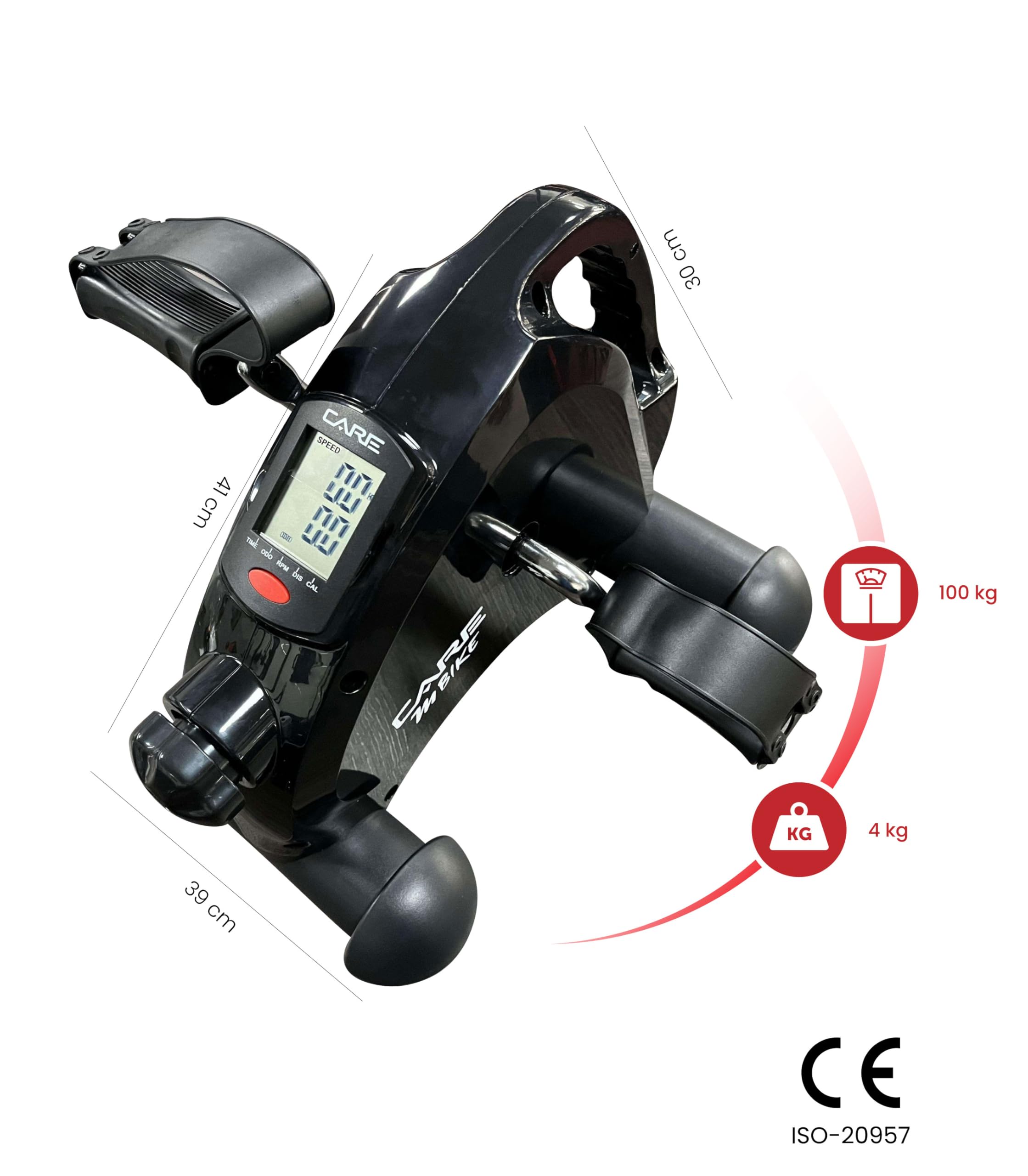 Care Fitness - Mini Pédalier - M Bike - Care - Format Ergonomique - Compact 3,5 Kg - Intensité Réglable - Écran Numérique - Pédales Antidérapantes - Sangles Incluses pour Plus de Stabilité