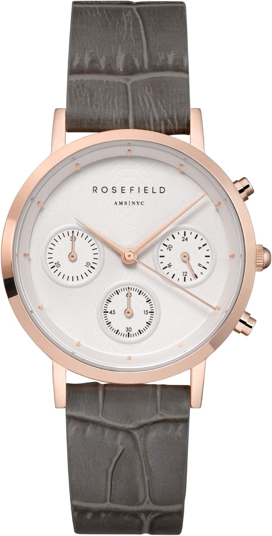 Rosefieldorologio cronografo donna The Gabby Bianco acciaio PVD oro rosa 33mm cinturino pelle coccodrillo grigio NCGRG-N95