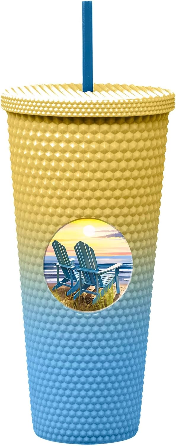 Spoontiques Studded Tumbler, 32oz - Insulated Double Wall Acrylic Travel Cup Spill Proof Lid - for Hot & Cold Beverages - Beach