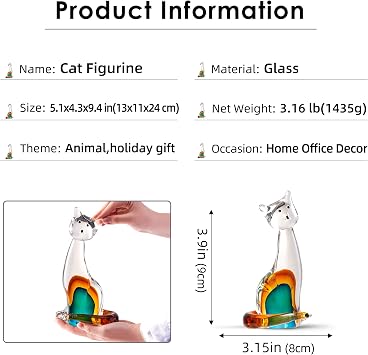 EUSTUMA Hand Blown Glass Cat Figurine Ornament,Animal Ornament for Home Decor,Animal Collection for Birthday Gift,Glass Sculpture.