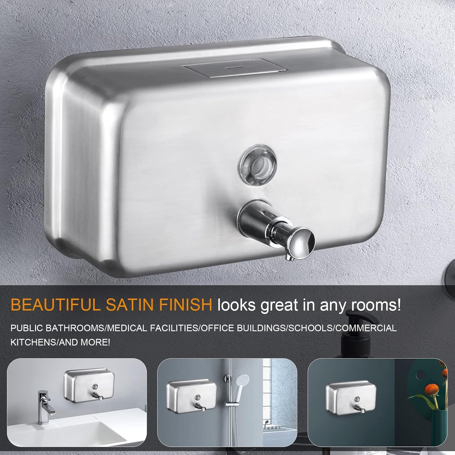 Commercial Wall Mount Stainless Steel Soap Dispenser, Rust-Proof Lining Liquid Hand Sanitizer Dispenser Bathroom 1100 ml / 37 oz. (Horizontal) - Image 7