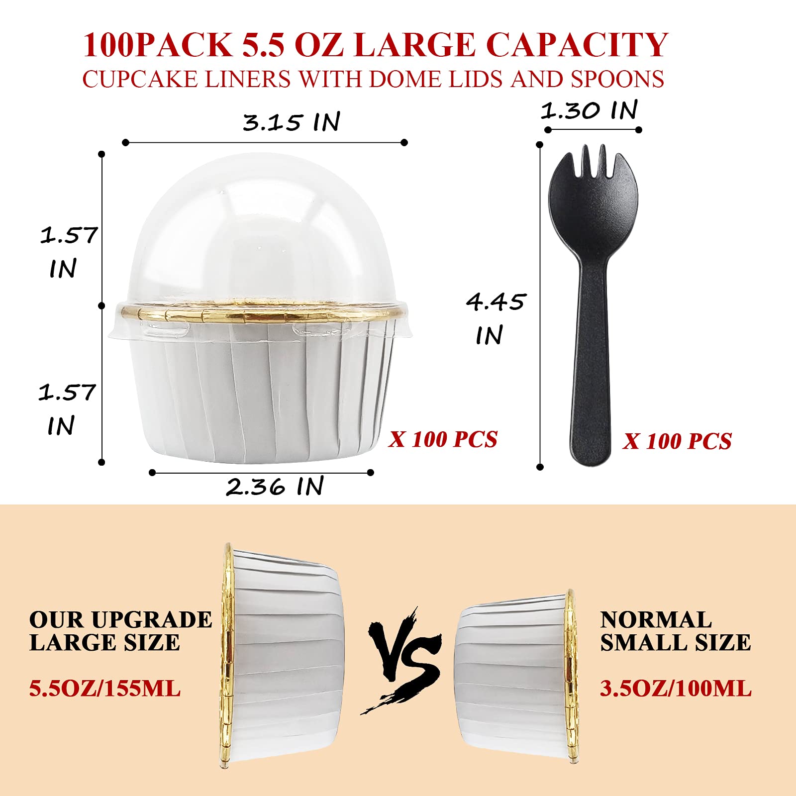 Cupcake Liners With Dome Lids 100 Pack,LNYZQUS 5.5 Oz Foil Cupcake Tins Baking Cups,Disposable Ramekins Muffin Tins,Large Cupcake Cups Cupcake Wrappers Holders,with Spoons-White in Gold