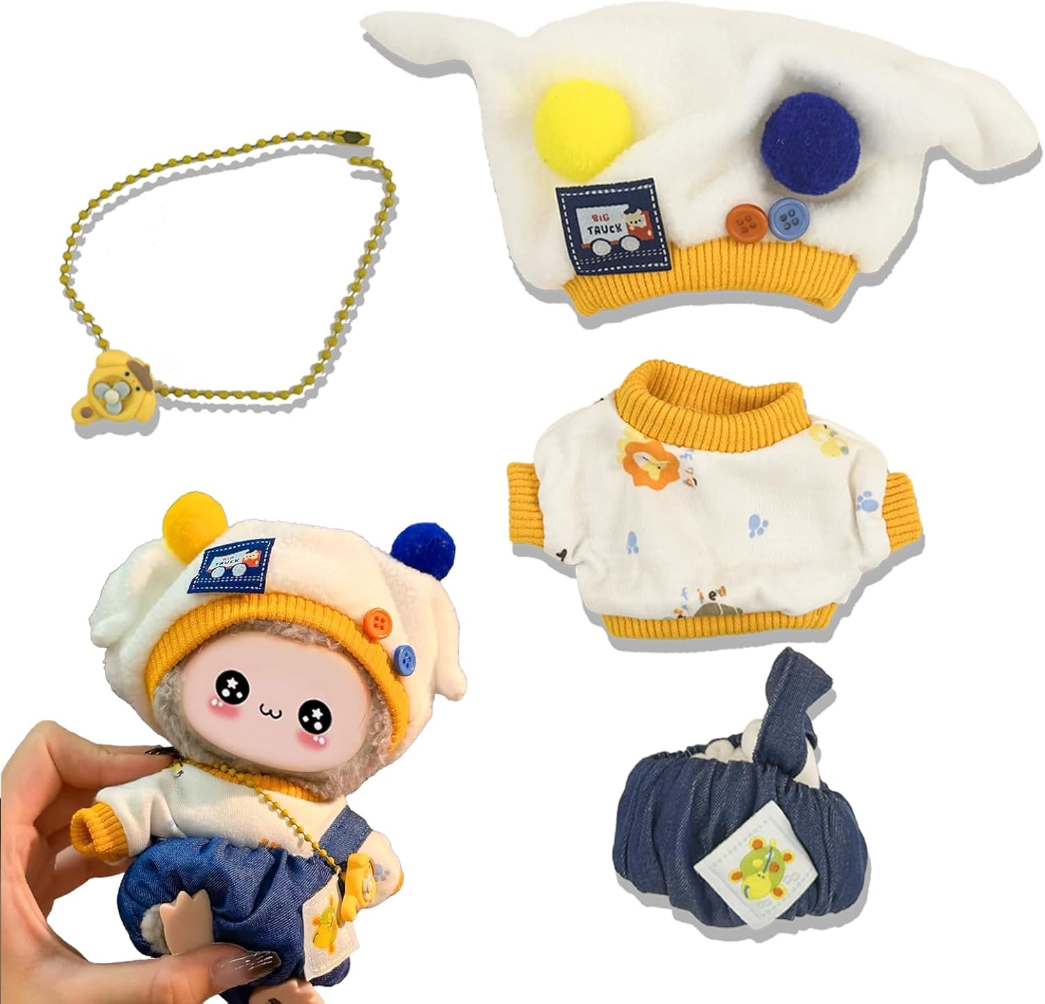 Doll Clothes - 17cm Adjustable Overalls & Hat Set, Kawaii Fashion Outfit for Sitting/Standing Dolls (No Doll Included) (E-03)