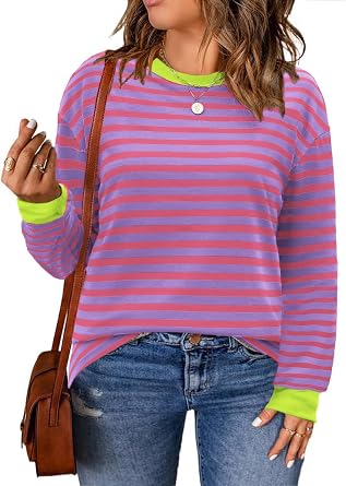 VOGRACE Womens-Plus-Size-Sweatshirts Trendy Casual Striped Color Block Tops