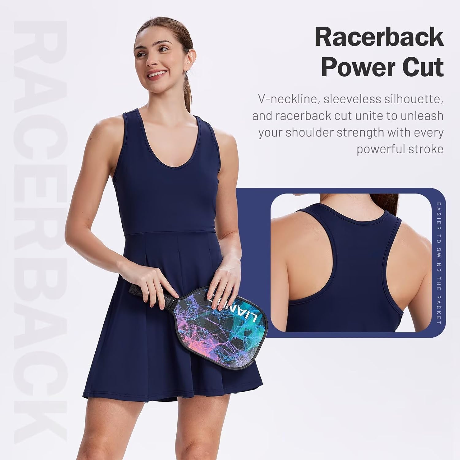 Women's Tennis Golf Dress, Pleated A-Line Racerback with Removable Padding & Detachable Shorts with Pockets