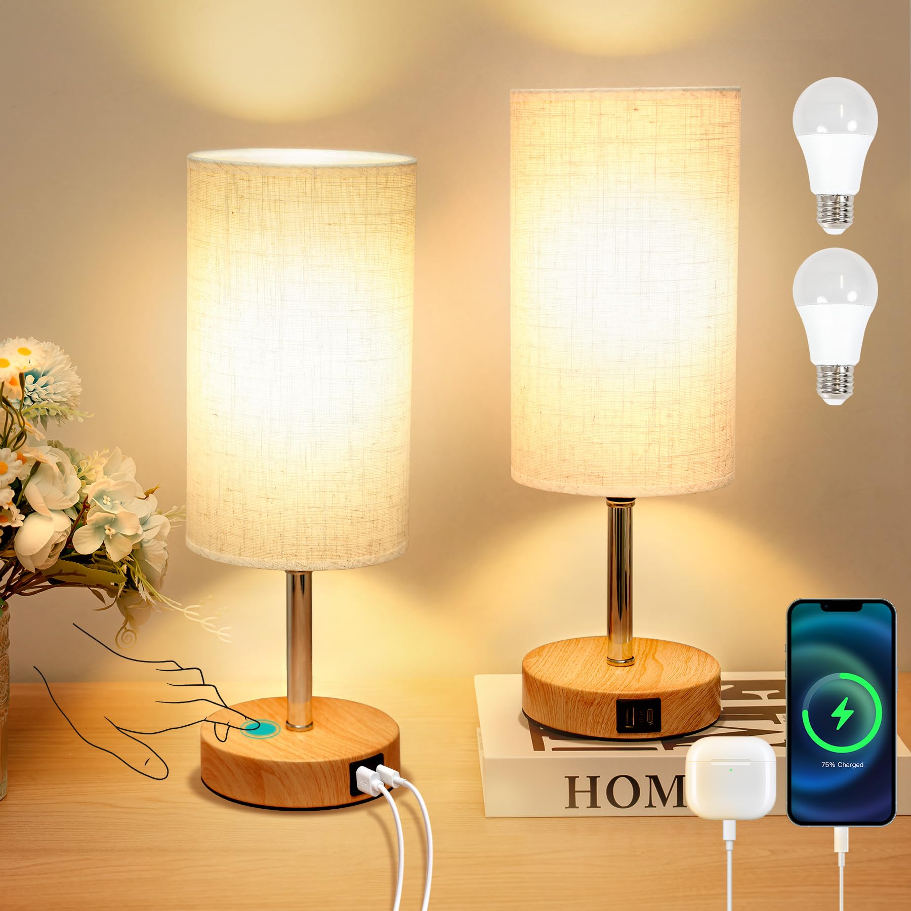 Görvitor Lampada da comodino Touch dimmerabile, set da 2 pezzi, lampada da tavolo con porte di ricarica USB-A/C, paralume in lino e 3 livelli di luminosità, lampada da comodino con cavo per camera da