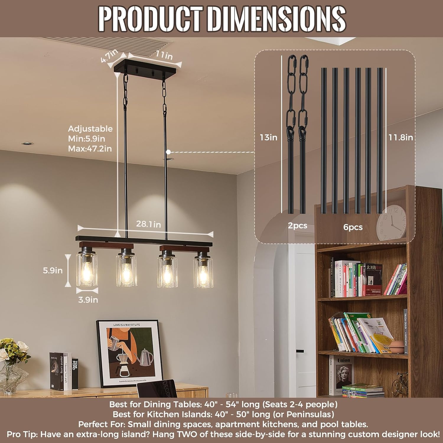 4-Light Kitchen Island Lighting & Farmhouse Dining Room Light Fixtures Over Table, Rustic Wood Linear Chandelier Adjustable Ceiling Hanging Pendant- Rotating Design, Customizable Shapes, Clear Glass