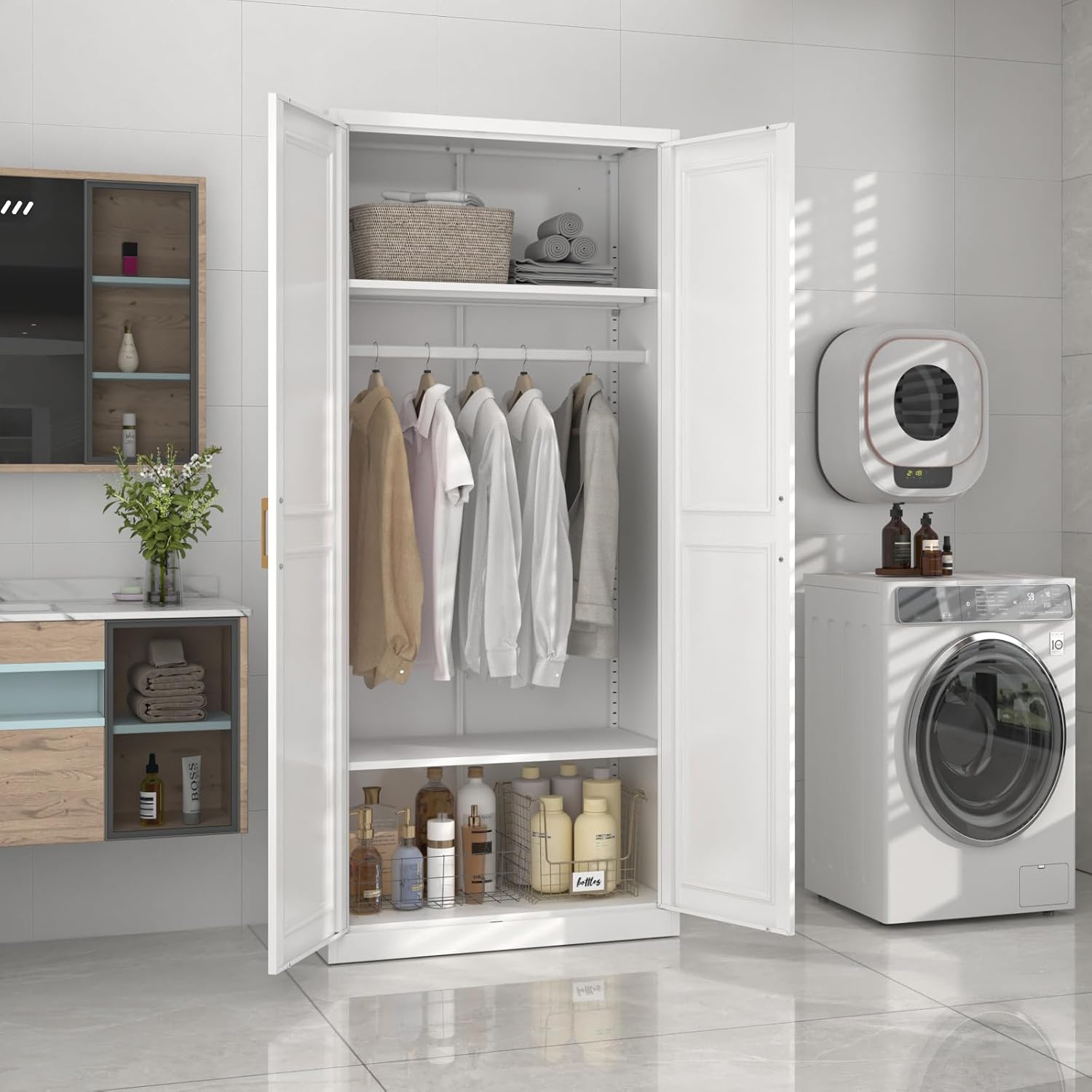 Metal Wardrobe Cabinet with Hanging Rod, 71" Tall Armoire Wardrobe Closet with 2 Doors and Adjustable Shelves, White Clothing Storage Cabinets for Bedroom, Laundry Room, Cloak Room - Image 5