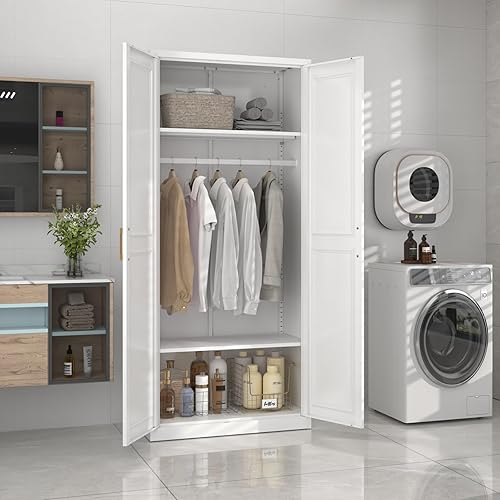 Miniatura 5 de Armario de Metal con Barra para Colgar, Armario Alto de 71 Pulgadas con 2 Puertas y Estantes Ajustables, Armarios de Almacenamiento de Ropa Blancos