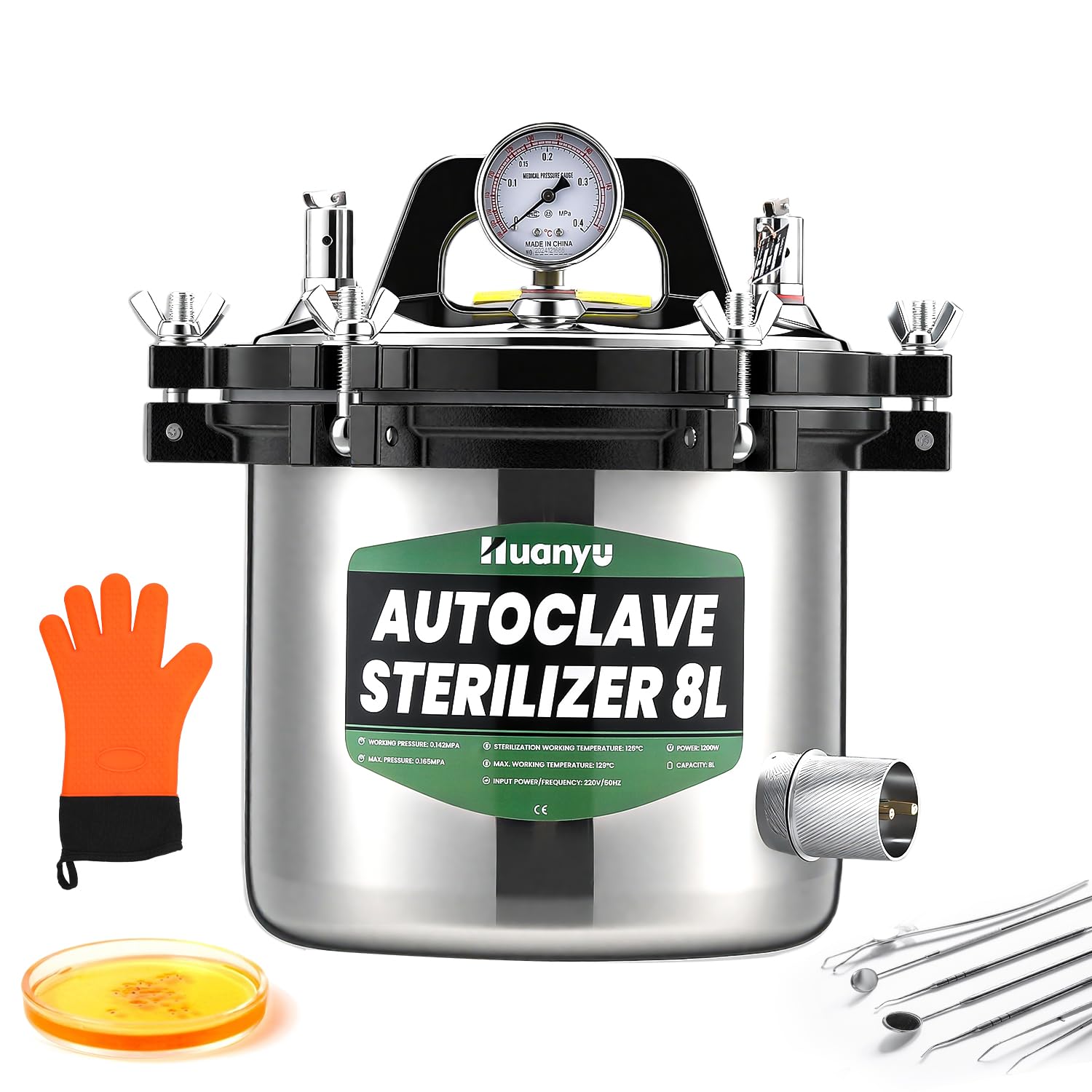 Huanyu Sterilizzatore autoclave 8L con doppia valvola Autoclave a vapore da laboratorio Protezione contro le bruciature a secco Sterilizzatore a vapore ad alta pressione per laboratori università