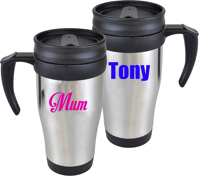 Personalised Custom Travel Mug Stainless Steel - Plastic Interior, Slide Sipper with handle Any Name, Business, School. Gift, Promotional Merchandise (0193)