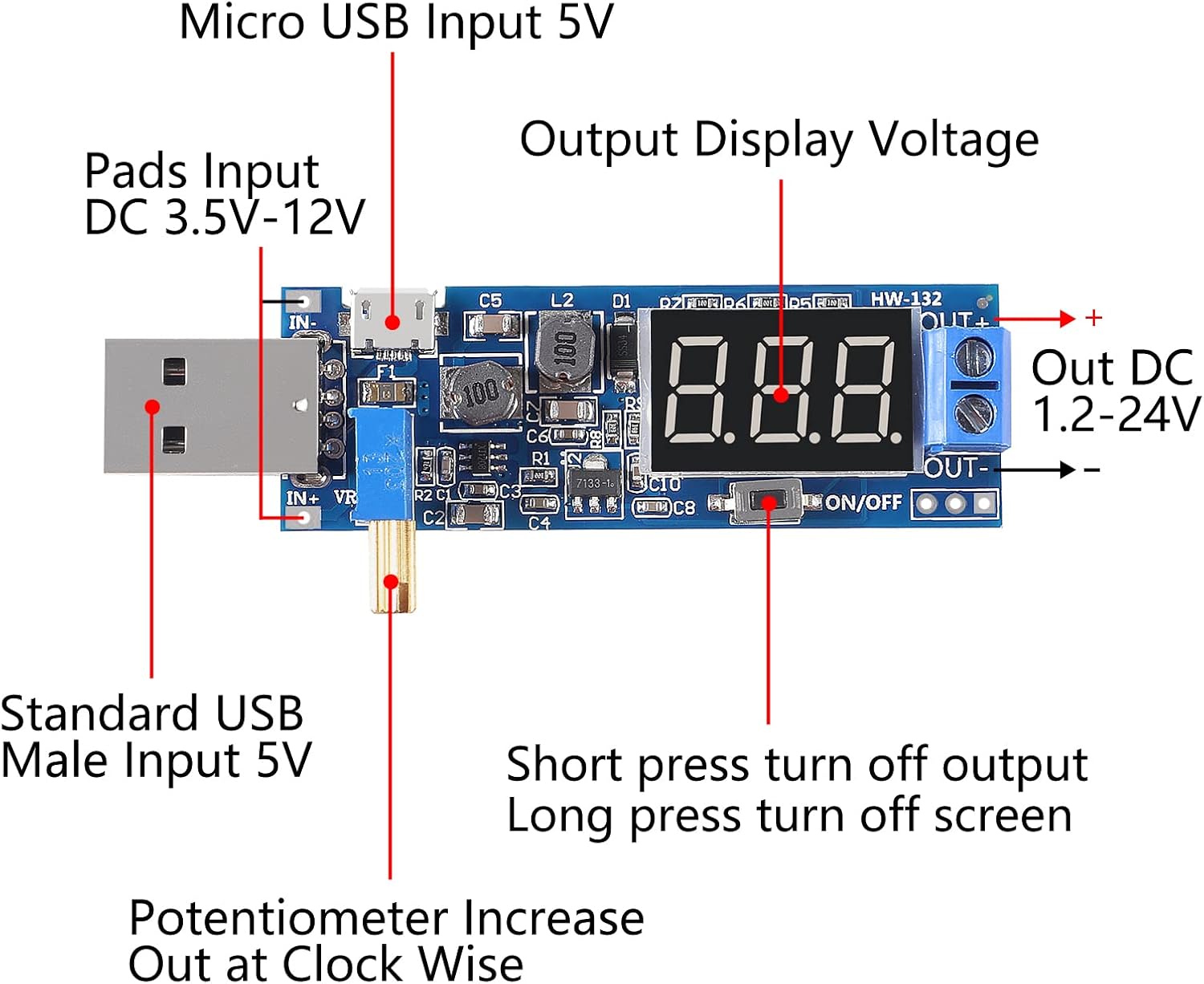 Labeled diagram of the USB Step UP/Down Power Supply Module showing inputs, outputs, and controls.