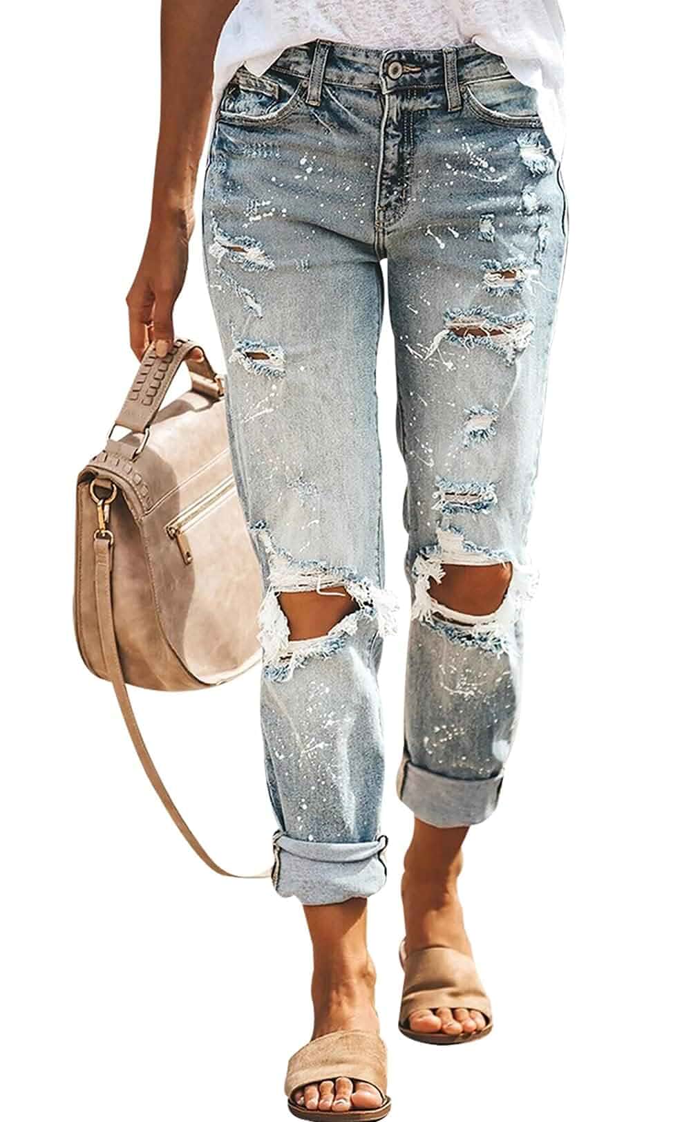 KUNMI Women's Ripped Mid Waisted Boyfriend Jeans Loose Fit Distressed Stretchy Denim Pants Jeans