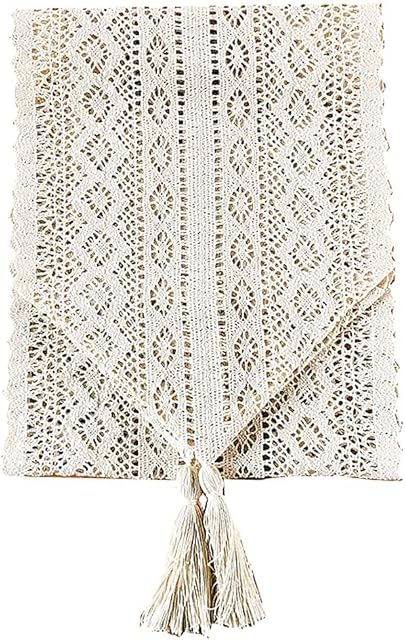 Cotton Macrame Table Runner,Hollow Mesh Table Cloth,Crochet Lace Elegant Table Cloth,Beige Macrame Table Runner,Suitable For Country Bohemian Wedding Valentine's Day Baby Shower Decoration,26*175 cm