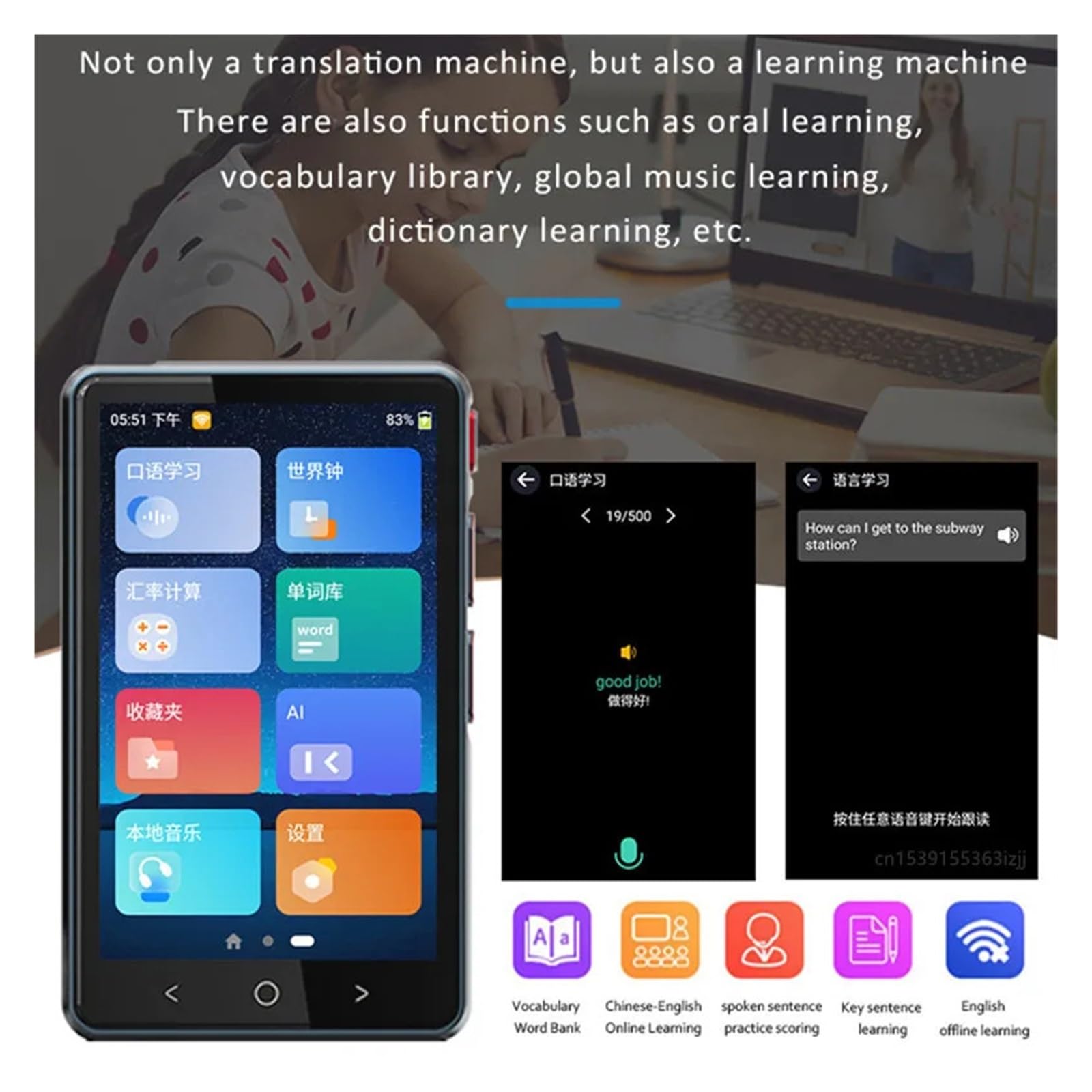 Traduttore Simultaneo Vocale, 1 PCS Traduttore vocale intelligente portatile 135 lingue in tempo reale 14 traduzioni offline Discorso multilingue Viaggi d'affari ,Traduttore Inglese Italiano(Noir)